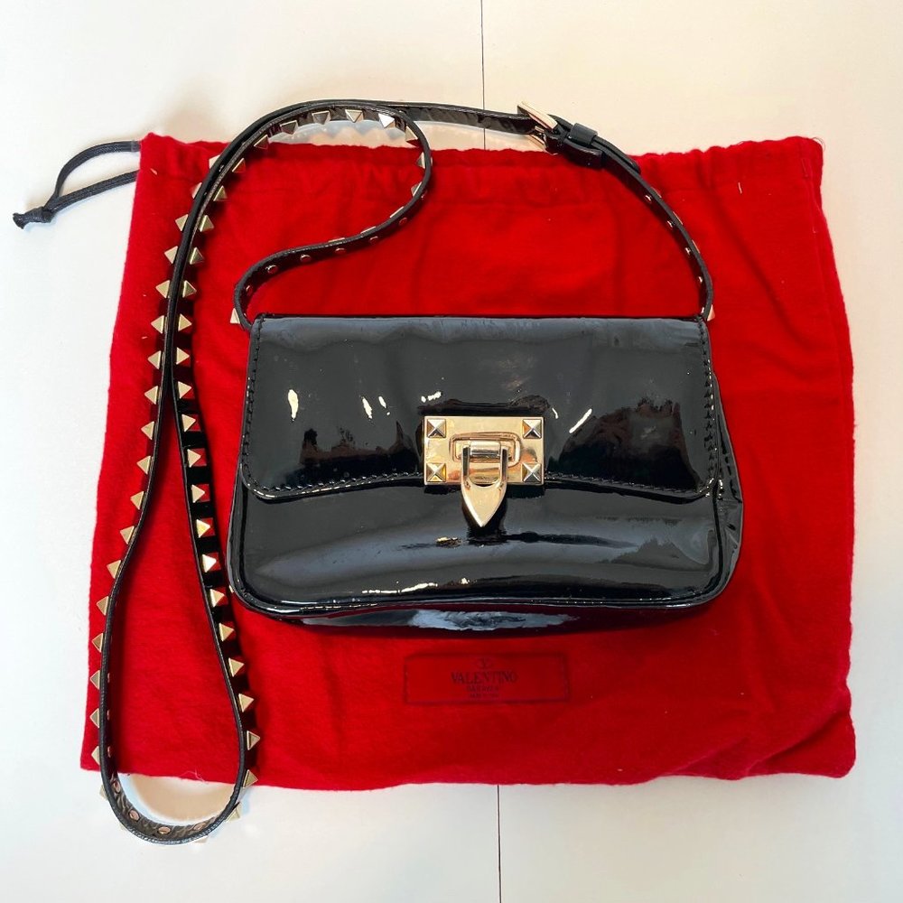 Valentino Small Rockstud Black Patent Leather Crossbody Bag